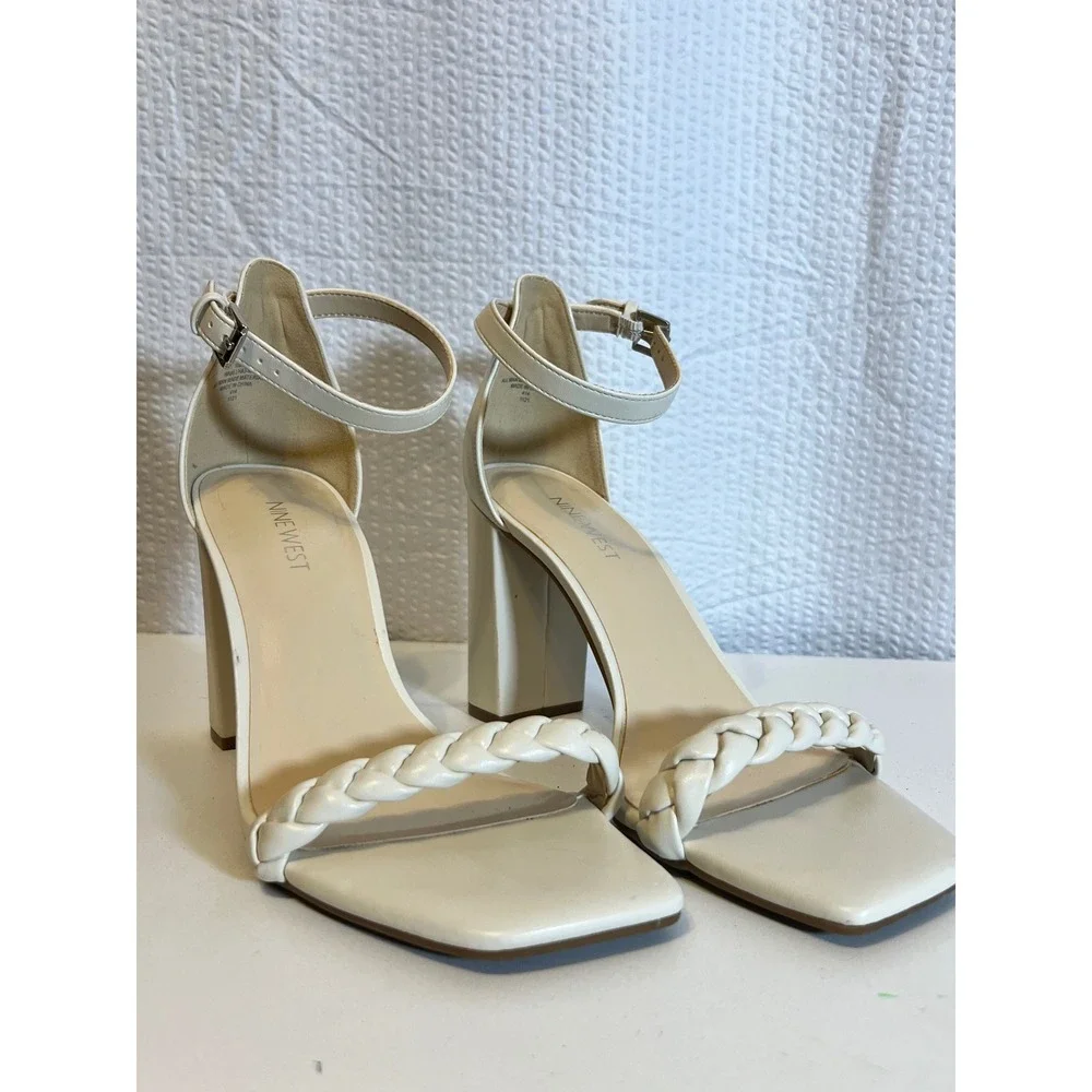 Nine West Braided Ankle Strap Block Heel Sandals Square Toe Ivory 10M